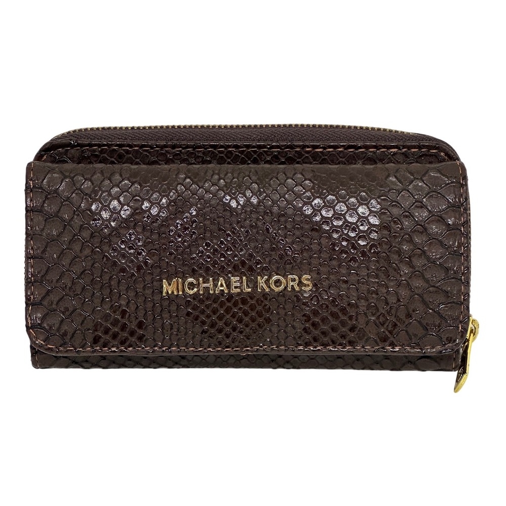 Michael Kors Wallet Brown Snake Embossed‎ Zip Around Continental Clutch Women